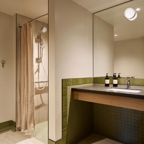 Bathroom with vanity and ada-friendly shower